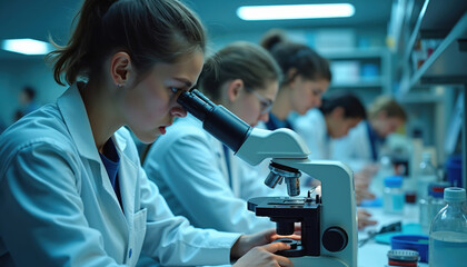 Fototapeta premium Group young scientists work together in medical laboratory. Focused woman researcher using microscope. Science, medicine, research, analysis, clinical, health, lab, test. Teamwork, occupation,