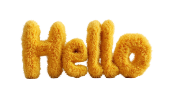 Bright and Playful Fluffy Yellow Text Spelling 'Hello' Against a Black Background, Ideal for Cheerful Greetings and Fun Themes