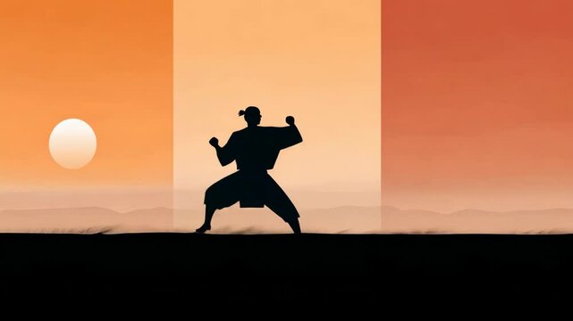 Silhouette of martial artist practicing forms at sunset with dramatic orange sky and sun