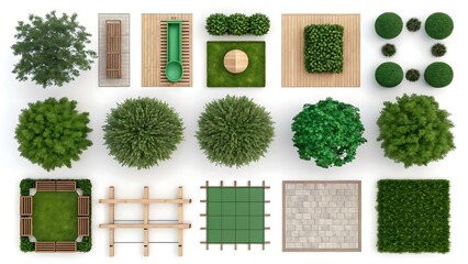 Top view landscape design elements green trees shrubs