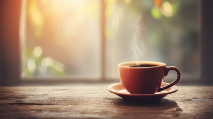 Obraz premium Warm Coffee Cup on Rustic Wooden Table with Sunlight Background