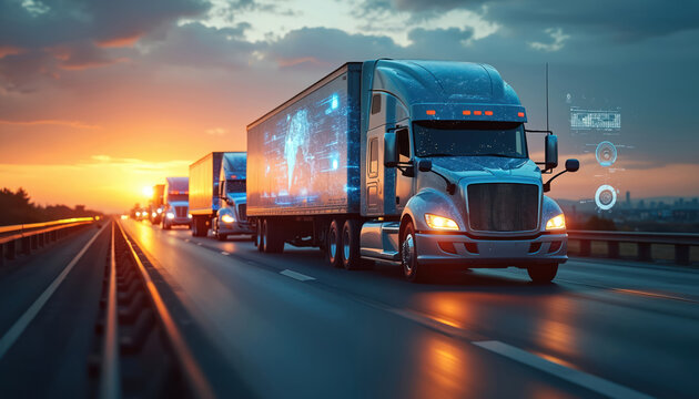 Trucks on highway at sunset. Digital trucking experience, logistics, delivery, cargo movement. Modern tech, transportation, road. AI automation, connectivity, efficiency in freight, industry, network. - Powered by Adobe