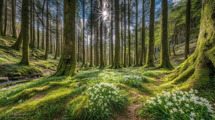 Fototapeta premium Lush Green Forest with Moss Covered Trees Bright Sunlight Filtering Through Canopy