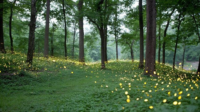 Magical glowing fireflies in a dreamy meadow and forest, golden yellow and deep blue tones, perfect for fantasy, nature, or background design