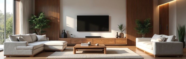 Modern living room interior. Wooden accents, wooden wall panels, light-colored sofa, tv, coffee table, plants create cozy atmosphere. Contemporary design, natural light, minimalist style perfect for