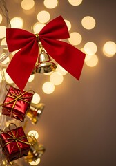 Christmas decorations with red bow, bells, and wrapped gifts  