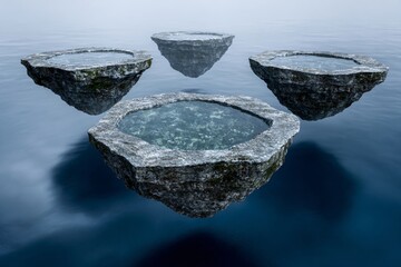 Floating mystical islands with green moss and rocky textures in cool blue and grey tones, ideal for fantasy, gaming, or surreal designs