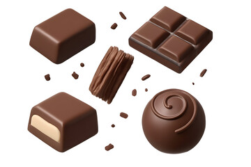 Fototapeta premium Assorted smooth milk chocolates float against a black background, stylized presentation