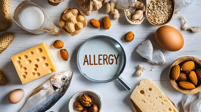 Flat lay image showing common allergenic foods such as nuts, eggs, milk, cheese, fish, and wheat surrounding the bold word "allergy" in the center, representing food allergy awareness and al39137439 2