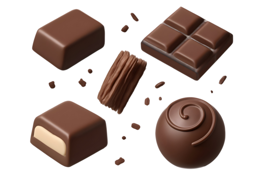 Assorted smooth milk chocolates float against a black background, stylized presentation