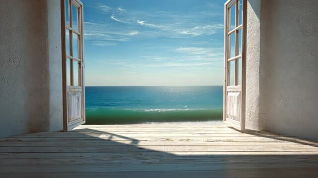Open wooden doors with ocean view