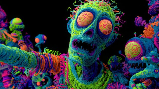 Psychedelic zombie with neon spiral eyes