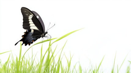 Fototapeta premium A patch of grass with a single butterfly resting on a blade, adding a natural and serene touch