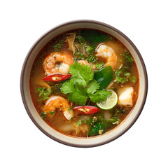 Tom Yum Soup: A close-up view of a steaming bowl of flavorful Tom Yum soup. Its rich broth is filled with shrimp, herbs, and spices, a culinary delight