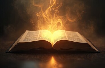 Open ancient book glows golden light. Mystical smoke surrounds the pages. Symbol of wisdom faith. Represents knowledge scripture. Spiritual guidance. Religion concept.
