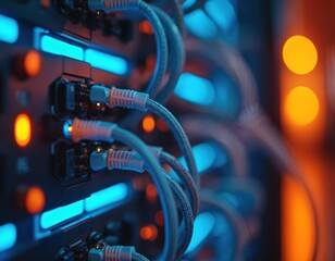 Detailed view of data cables connected to server equipment. Illuminated by orange and blue lights. Modern data center showcases high speed data transfer. Fiber optic, digital connection, tech.