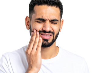 Obraz premium A man in a white shirt grimaces in pain while holding his cheek, suggesting toothache or jaw discomfort.