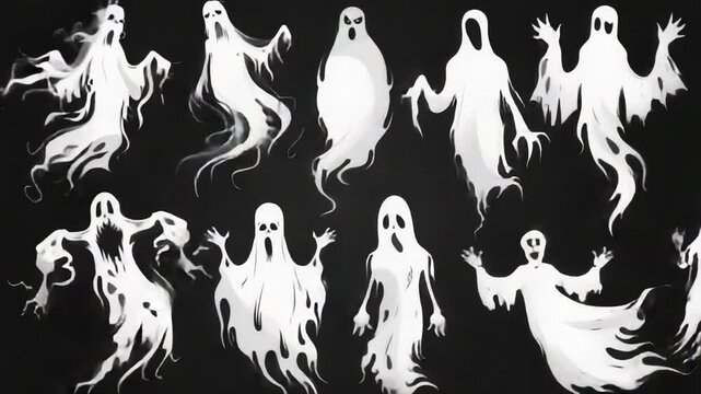 A collection of ghostly characters depicted in different poses, great for use in spooky or supernatural-themed designs
