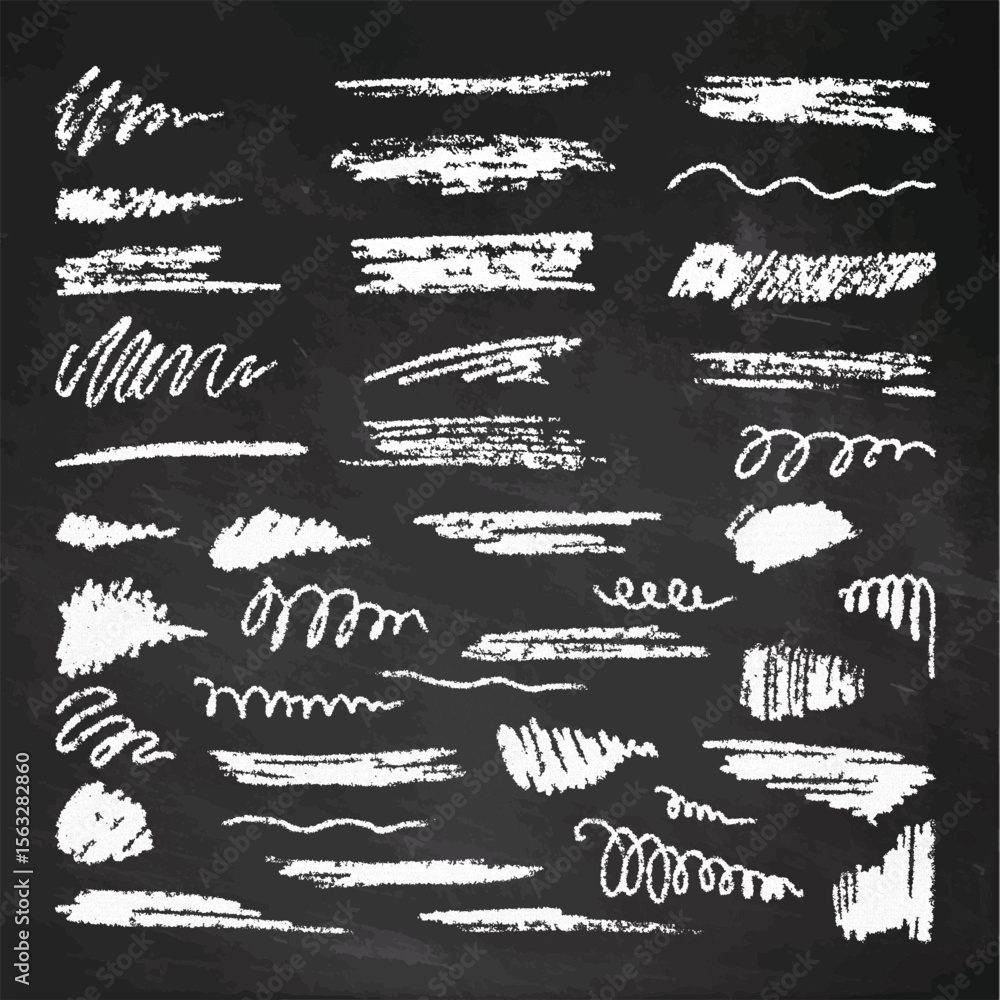 Poster chalkboard with various white chalk drawings and strokes arranged in a grid pattern