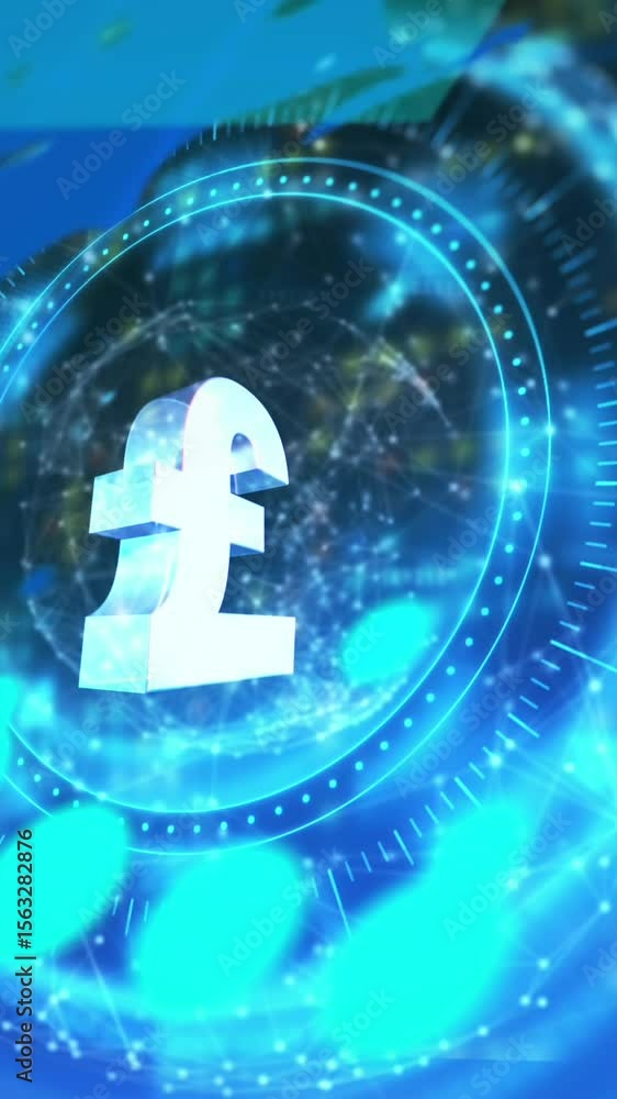 Poster data processing and pound symbol over a round scanner against world map on blue background