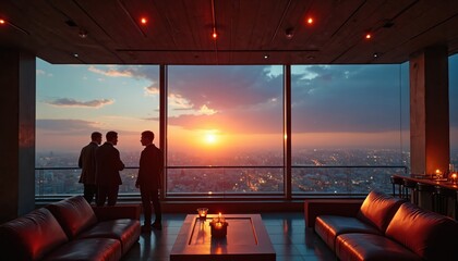 Stylish rooftop bar with city sunset view. Men enjoy cityscape drinks. Lounge atmosphere with cozy seating. Evening party in a luxurious hotel. Modern urban nightlife concept.