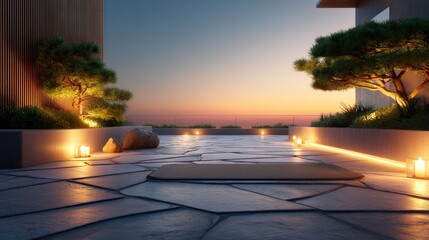 Rooftop terrace at sunset with zen garden and yoga mat.