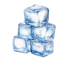 Watercolor Ice Cubes Stacked Isolated On Transparent White Background, Clipping Path