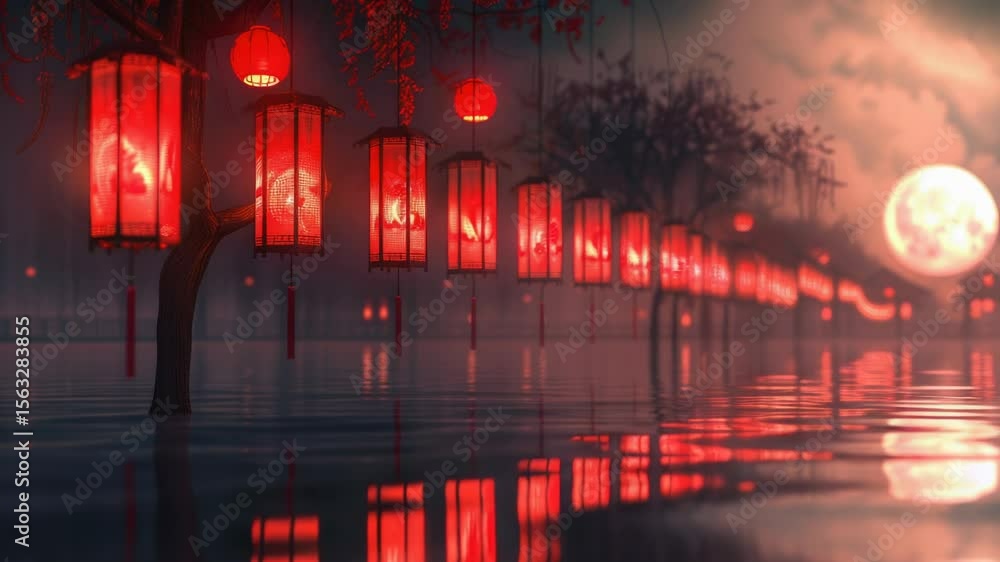 Poster a row of red lanterns floats on the surface of calm water, creating a serene and peaceful atmosphere