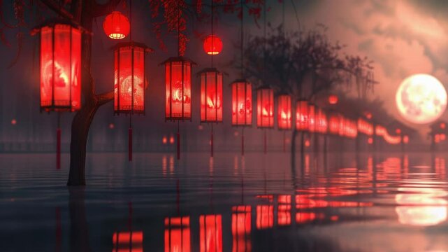 A row of red lanterns floats on the surface of calm water, creating a serene and peaceful atmosphere