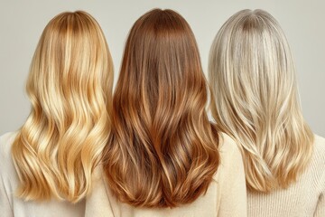 Three Women with Different Hair Colors: Back View, Long Wavy Hair, Hairdressing Concept, Beauty Salon