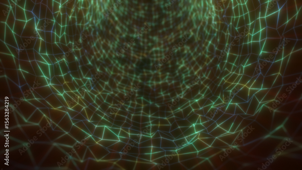 Poster neon green mesh tunnel flowing into darkness, creating an immersive digital grid pattern