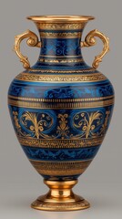 Luxurious ornate blue vase with golden handles and elegant classical patterns
