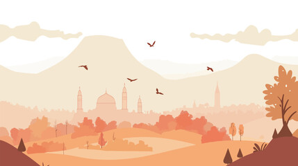 Golden Hour Mosque Vector with Birds Flying – Warm Sunset Silhouette Illustration