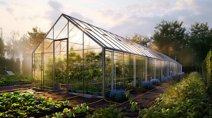 Serene greenhouse filled with thriving plants under a soft sunlight showcasing sustainable gardening and fresh produce.