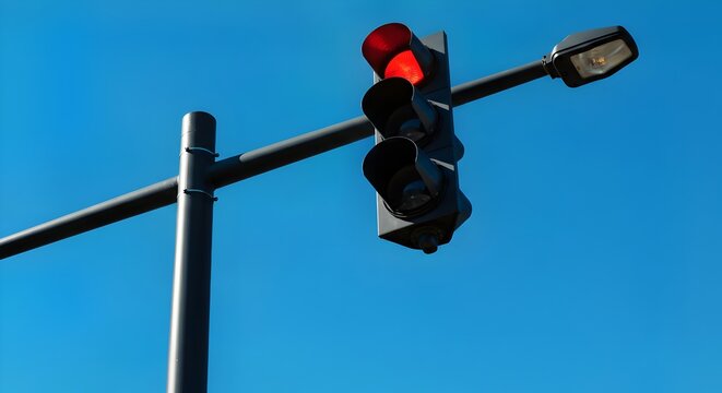 Traffic lights control on teal background, Vibrant red traffic light against a clear blue sky, an essential urban infrastructure element for road safety.