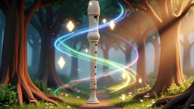Magical Flute in Forest with Glowing Orbs and Light Trails Animation