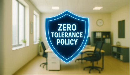 Zero tolerance policy written on digital blue shield in modern workplace to promote strict office rule