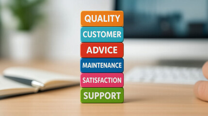 Colorful blocks stacked with support advice quality satisfaction showing business customer service values
