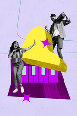Banner 3d magazine picture collage image of happy girl guy dance together piano keypad music...