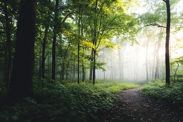 Fototapeta premium Misty sunrise in lush green forest with golden sun rays. Ideal for nature posters, wellness ads, inspirational quotes, website banners, or backgrounds. Space for text