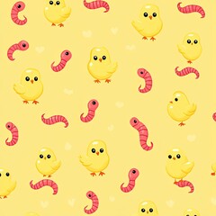 Fototapeta premium Seamless Pattern Featuring Cartoon Yellow Chicks and Pink Worms on Yellow Background