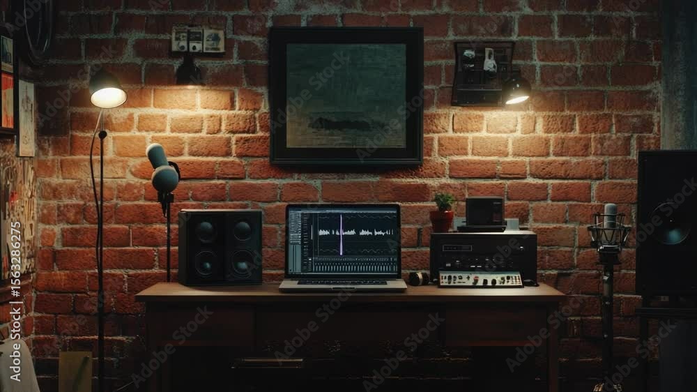 Poster a laptop computer sitting on a wooden desk with a minimalistic background