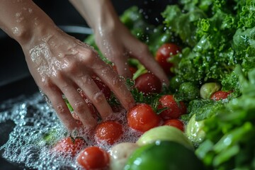 Close-up of hands of people washing vegetables with tap water at the sink to clean ingredients for a fresh salad, Generative AI