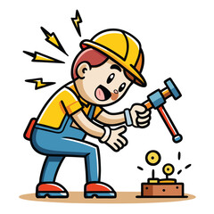 Fototapeta premium A cartoon worker in a yellow hard hat is hitting a device with a hammer, surrounded by electric sparks
