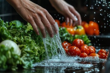 Close-up of hands of people washing vegetables with tap water at the sink to clean ingredients for a fresh salad, Generative AI