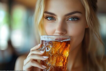 Close-up of a woman drinking soft drink cola, Generative AI