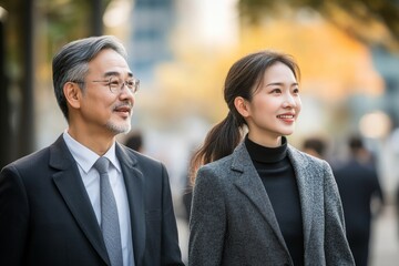 Asian businesspeople talking while walking to the office, Generative AI