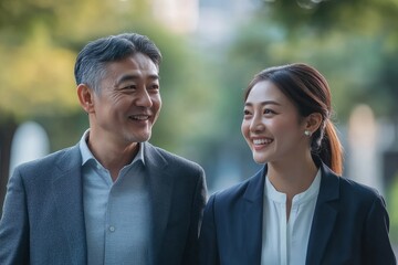 Asian businesspeople talking while walking to the office, Generative AI