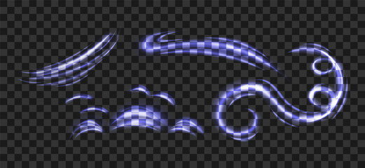 Set of abstract light effects of air and wind on transparent background. Vector illustration suitable for advertising materials