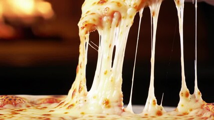 Hot and cheesy pizza slice being pulled away, cheese stretching into strings, classic Italian Margherita pizza with delicious stringy cheese, brick oven in the background, slow motion - Powered by Adobe